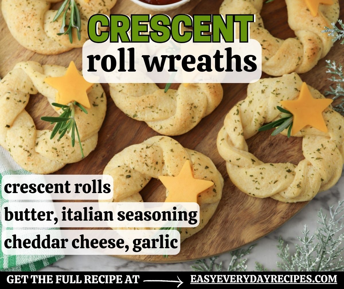 Crescent roll wreaths on a wooden board.