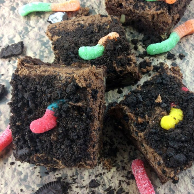 Brownies with worms and oreos on top.