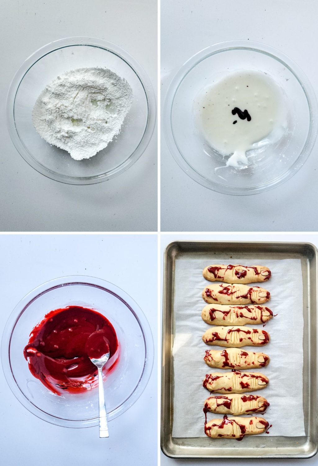 Four pictures showing the process of making a cookie with raspberry jam.