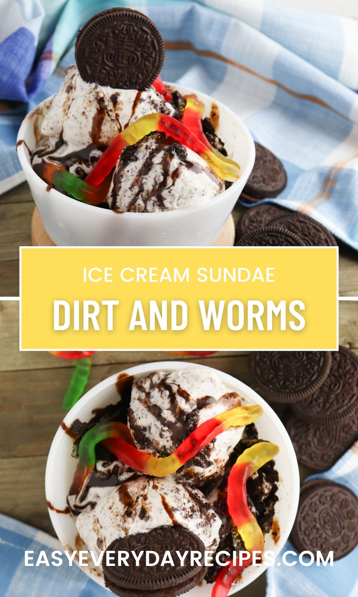 Ice cream sundae with dirt and worms.