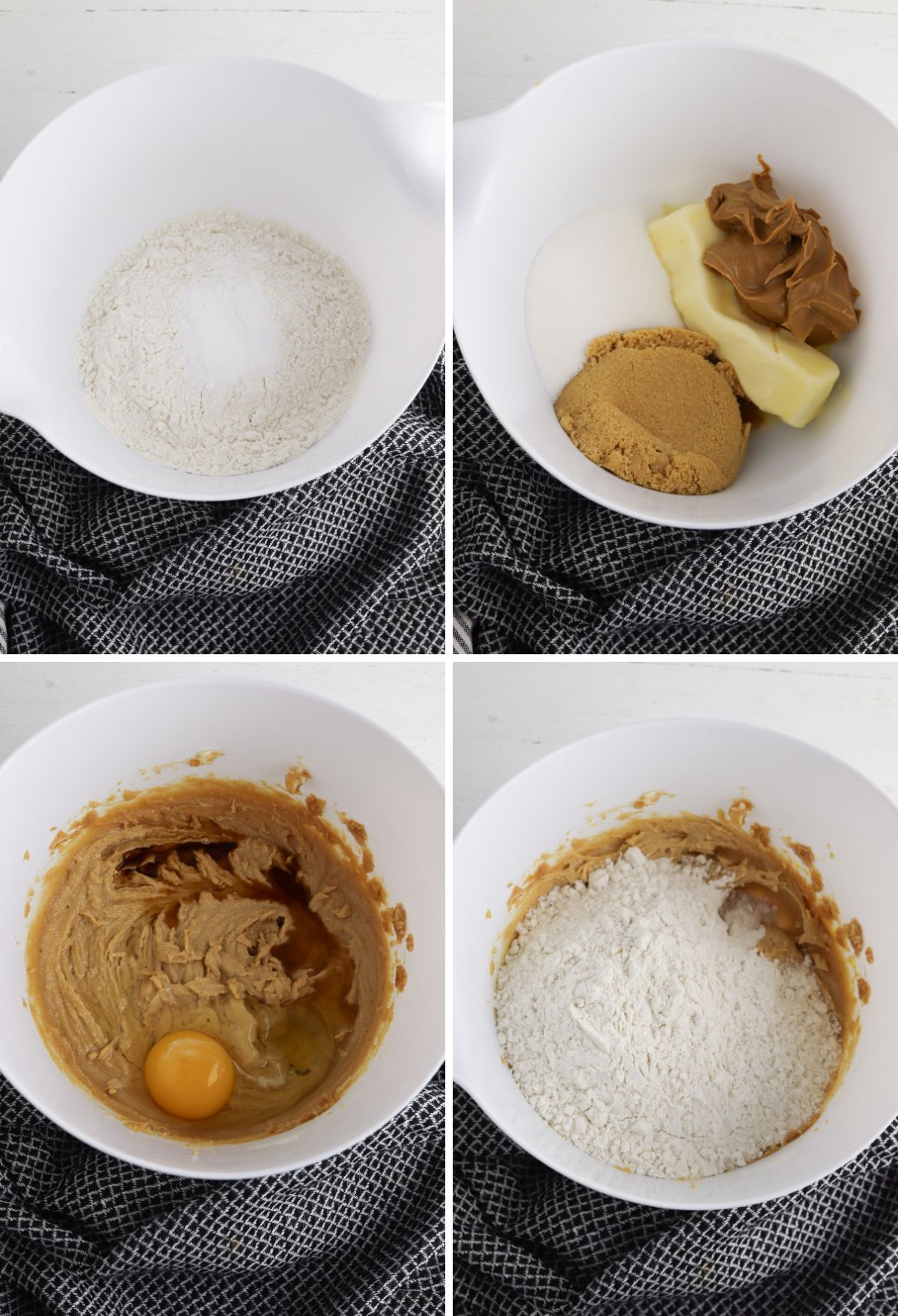 Four pictures showing how to make peanut butter cookies.
