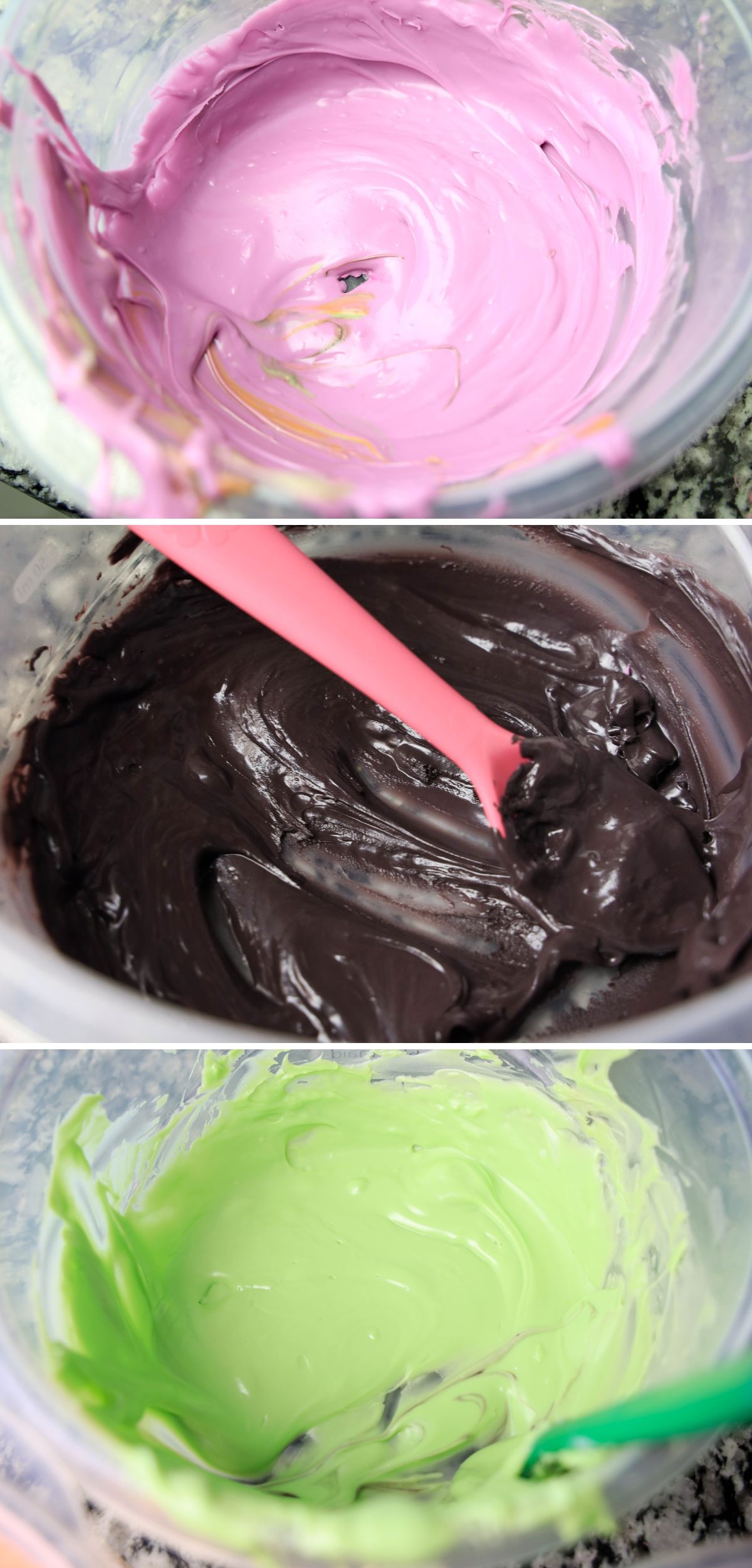 Four pictures of icing in a bowl with a pink and green spoon.