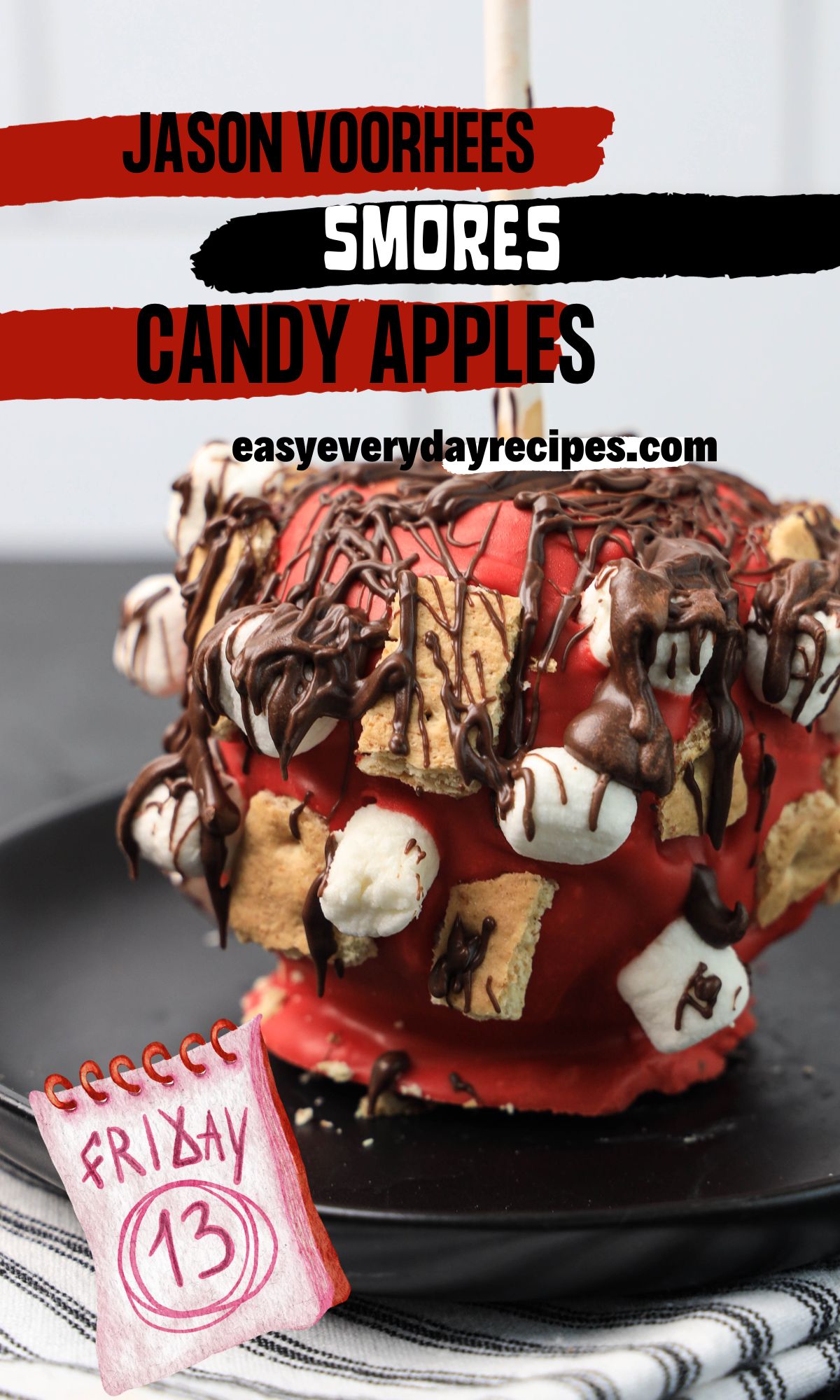 A s'mores candy apple with the text jason wolfers s'mores candy apples.