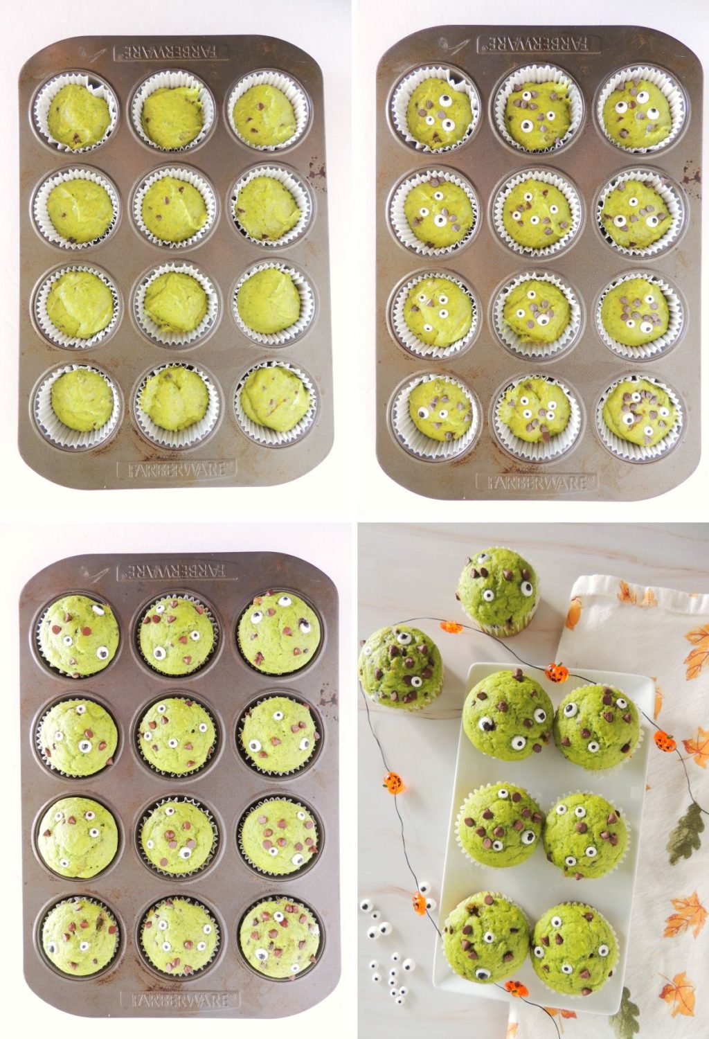 Four pictures of cupcakes in a muffin tin.