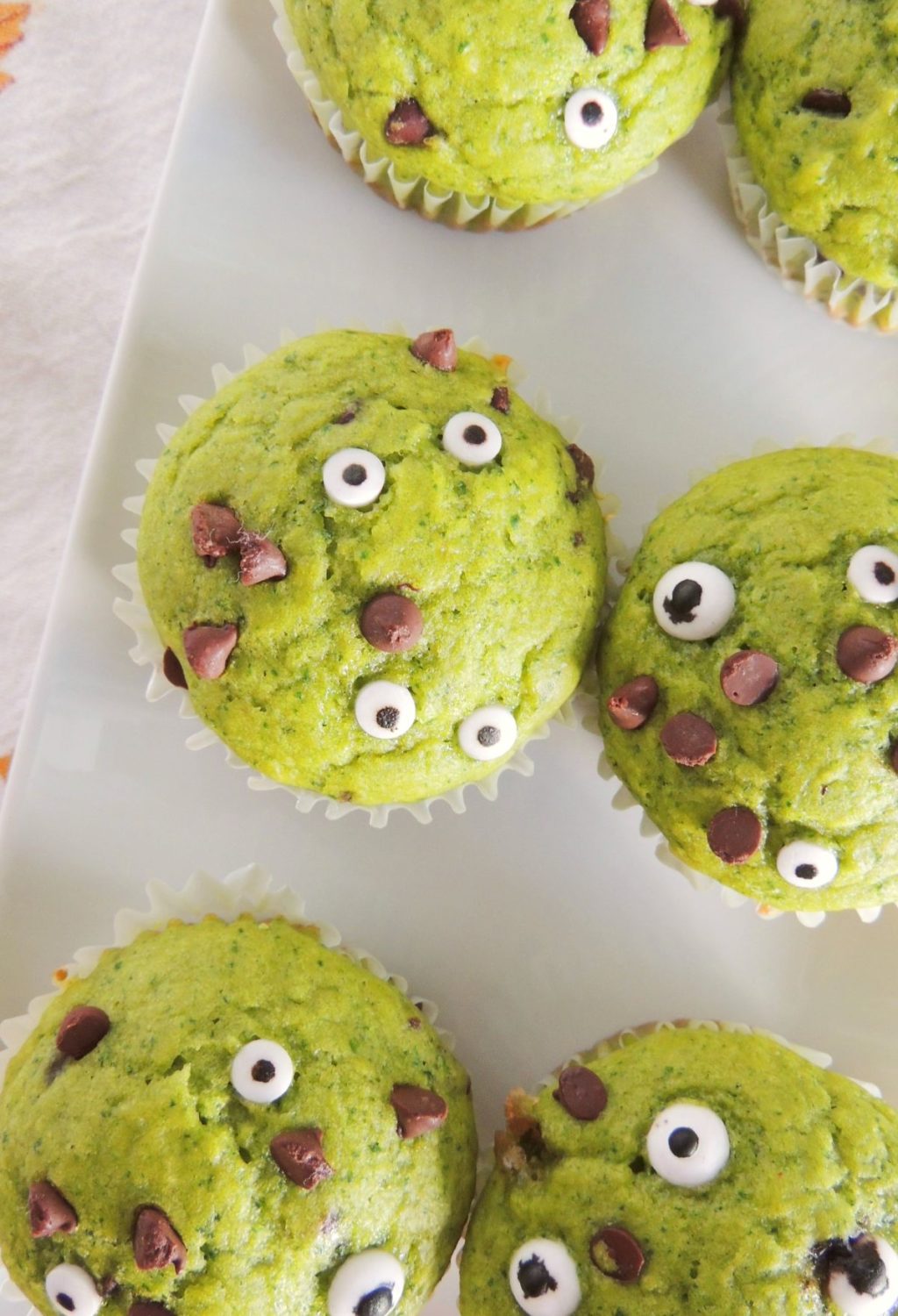 Green monster muffins with chocolate chip eyes on a plate.