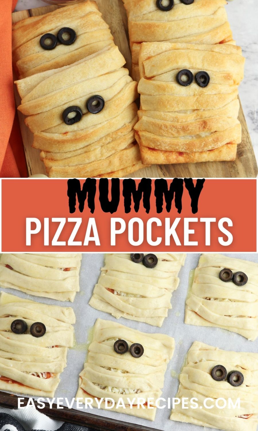 Mummy pizza pockets with the text mummy pizza pockets.