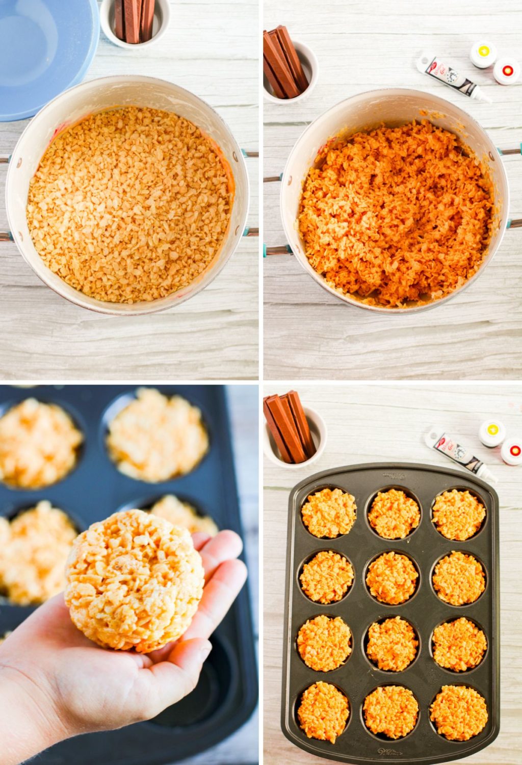 A series of photos showing how to make rice muffins.