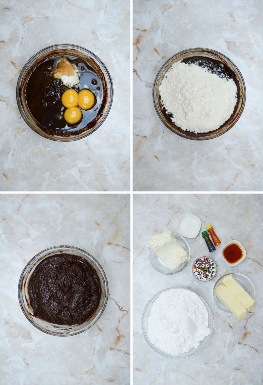 Four pictures showing how to make a chocolate cake.