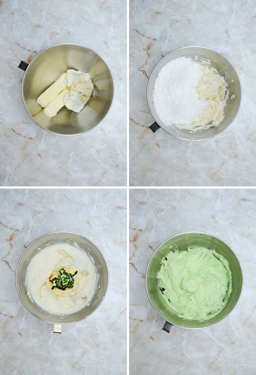 Four pictures showing the process of making a green frosting. Halloween Brownies