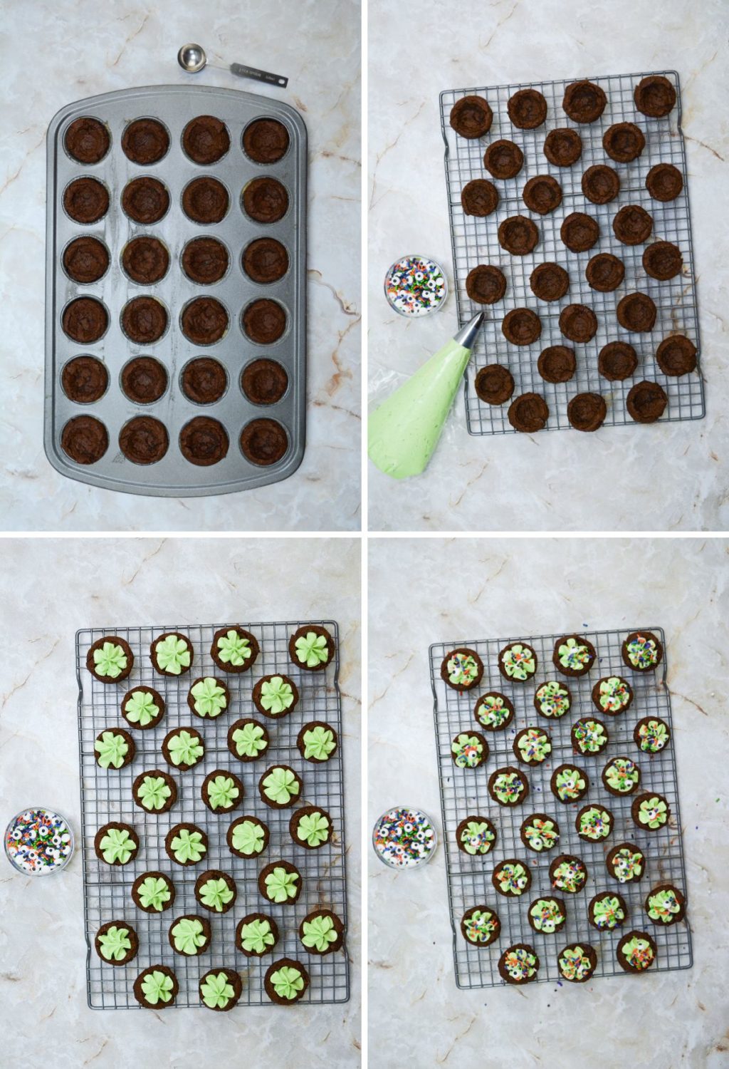 Four pictures showing how to make chocolate cupcakes.