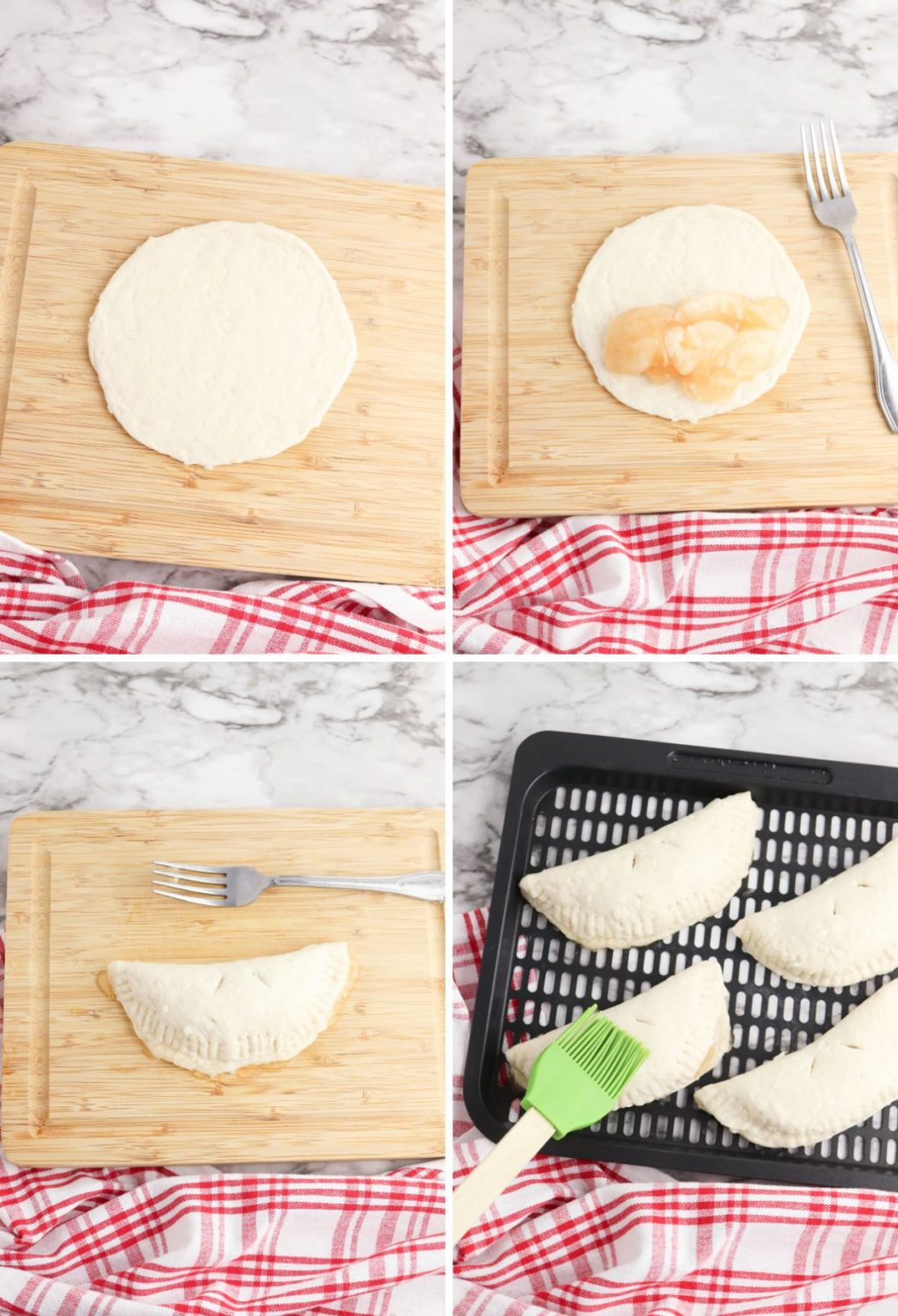 A series of photos showing how to make empanadas.