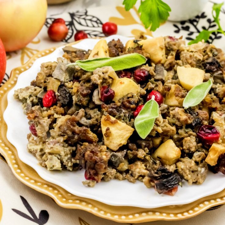 A plate of stuffing with apples and cranberries.
