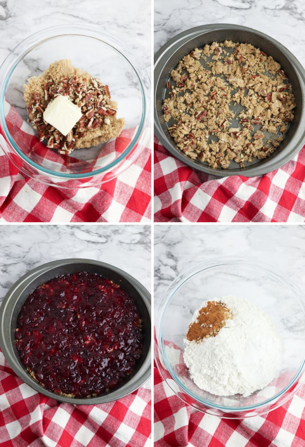 Four pictures showing the ingredients for cranberry pie.