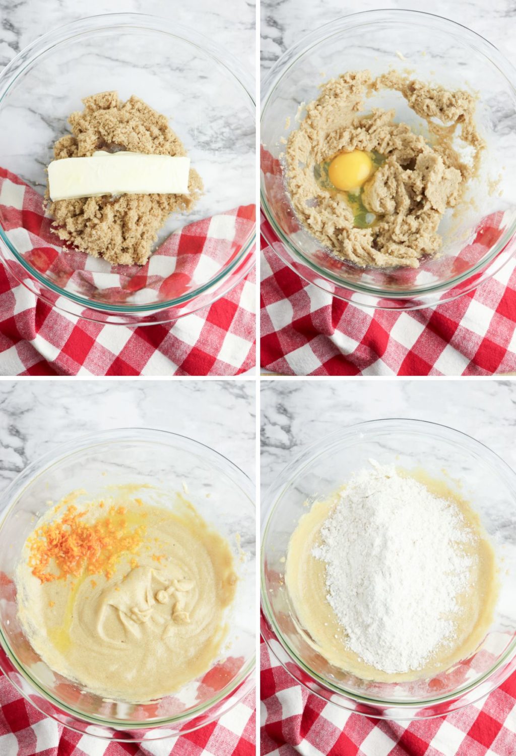 Four pictures showing how to make a cookie dough.