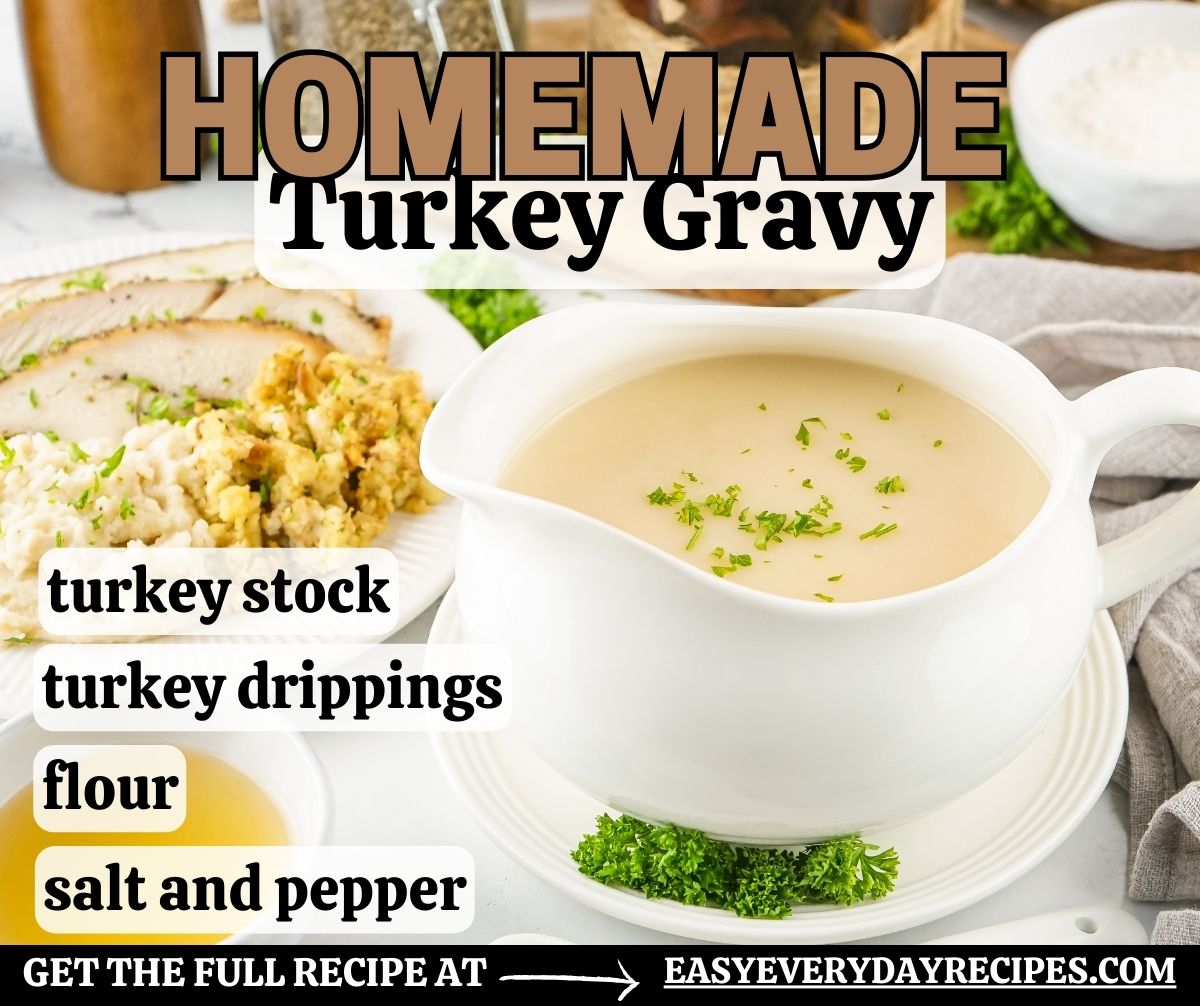 Homemade turkey gravy with turkey stock, turkey drippings, and salt.