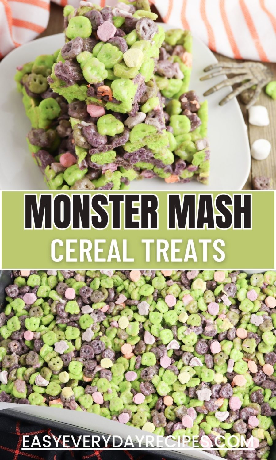 Monster mash cereal treats on a plate.