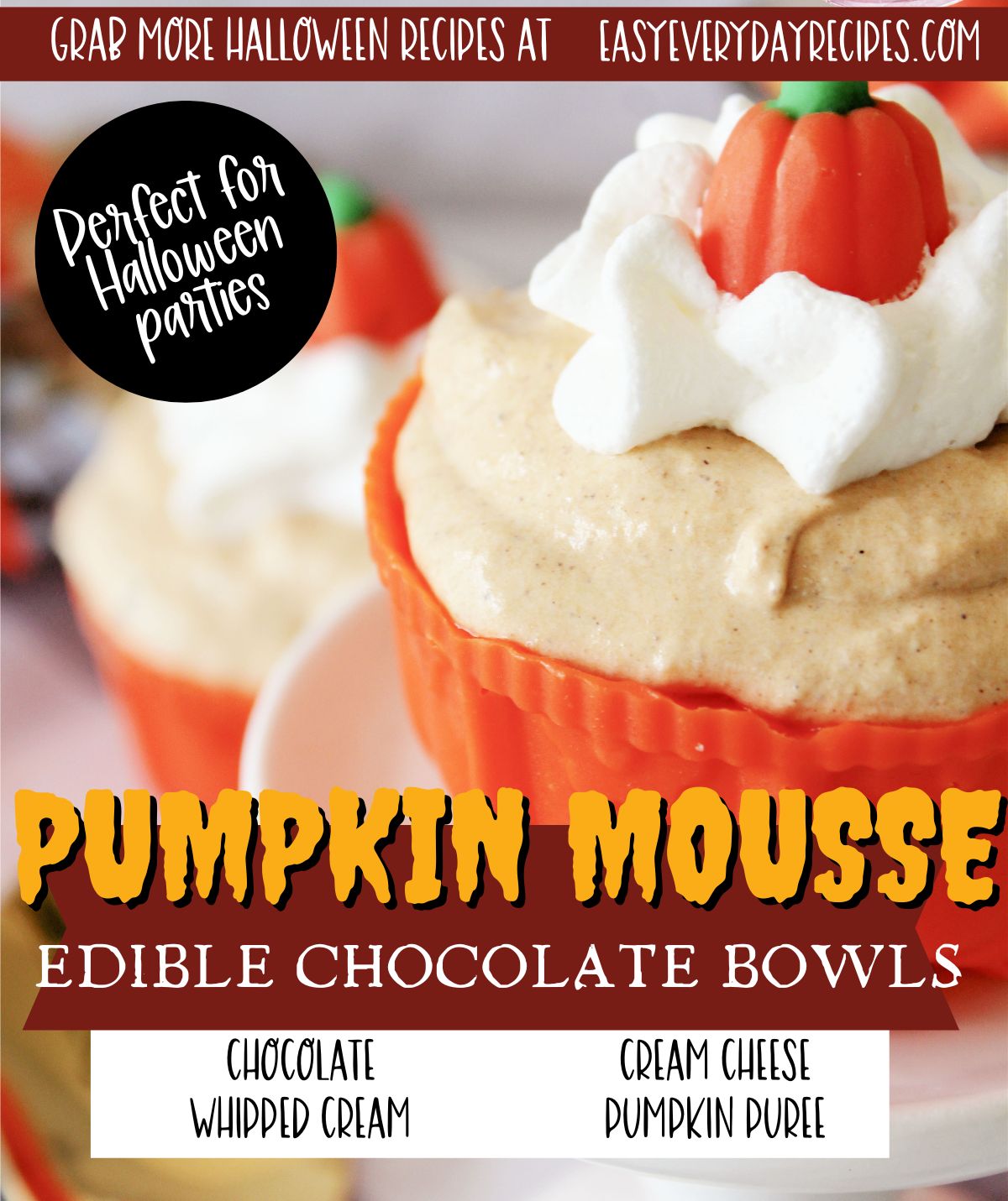 Pumpkin mousse edible chocolate bowls.
