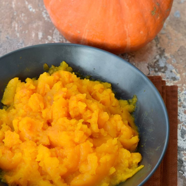 A bowl of slow cooker pumpkin puree next to a pumpkin.