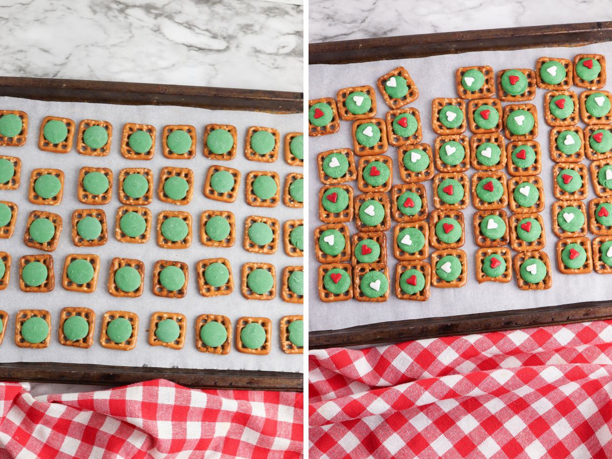 Two pictures of green pretzels on a baking sheet.