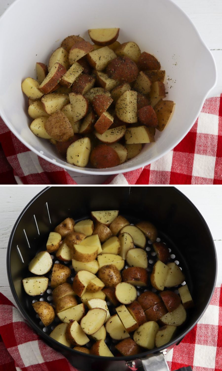 Two pictures of potatoes being cooked in a pan.