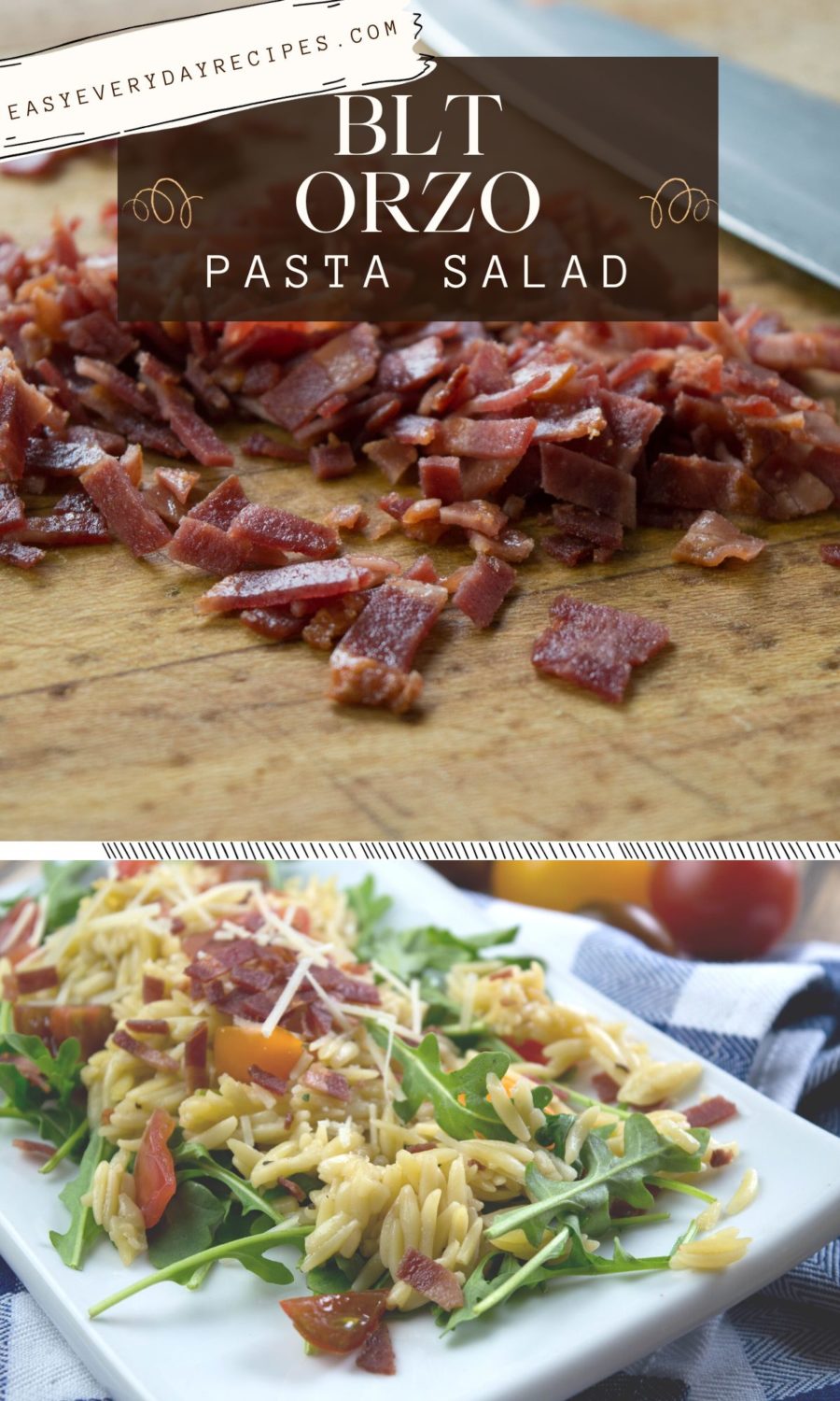 Bit orzo pasta salad with bacon and arugula.