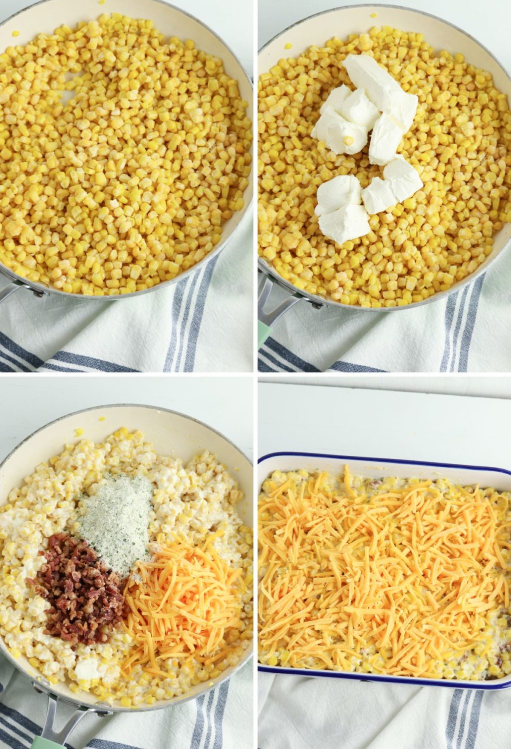 A series of photos showing how to make cheesy corn casserole.