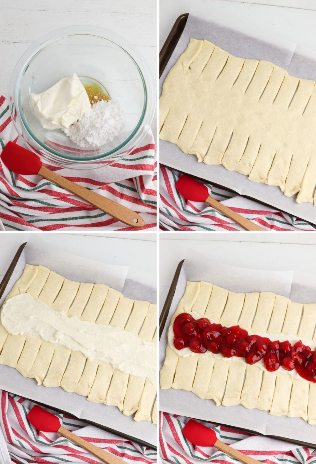 A series of photos showing how to make a cherry tart.
