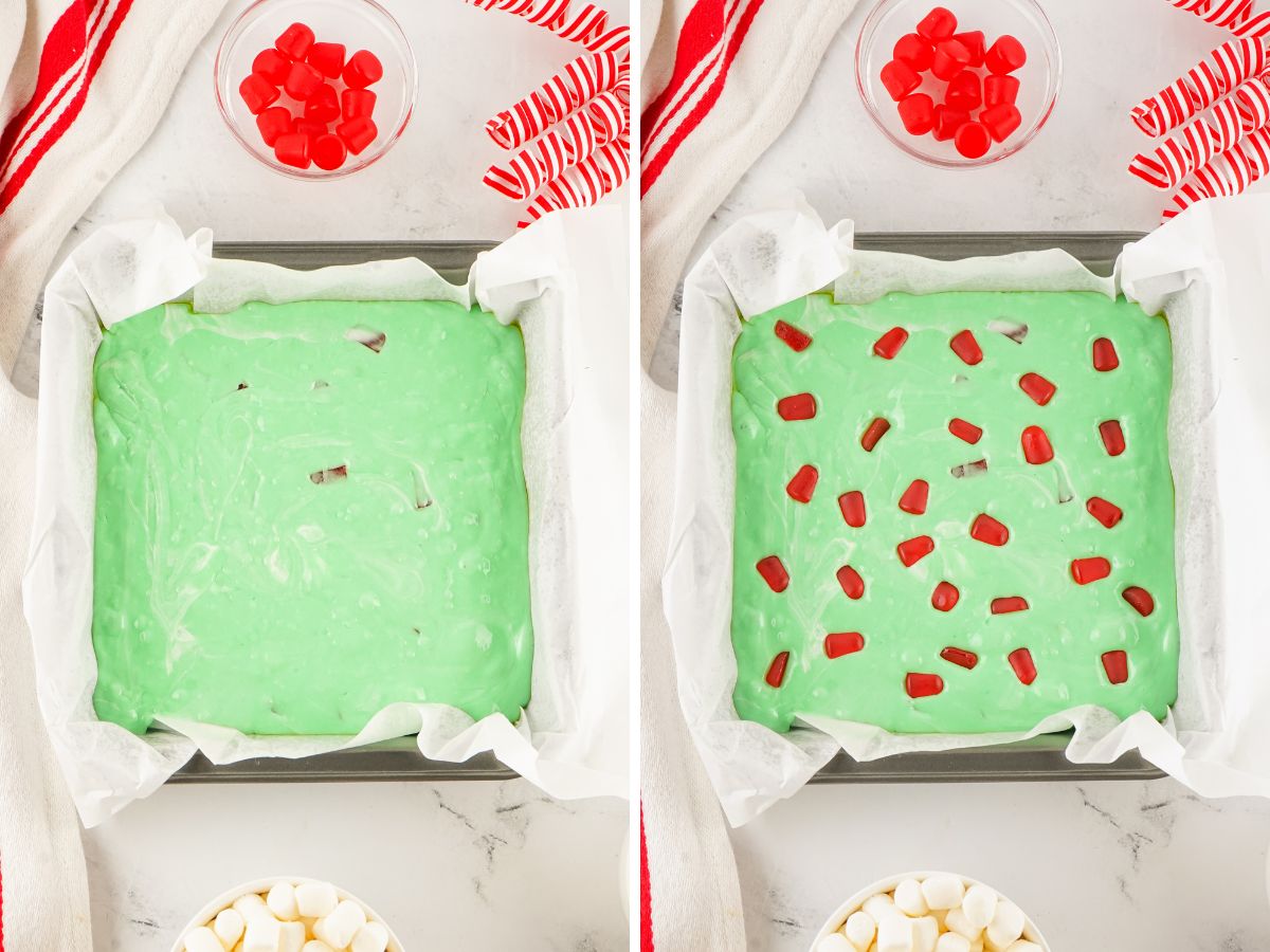 Two pictures of a green and red ice cream sundae in a pan.