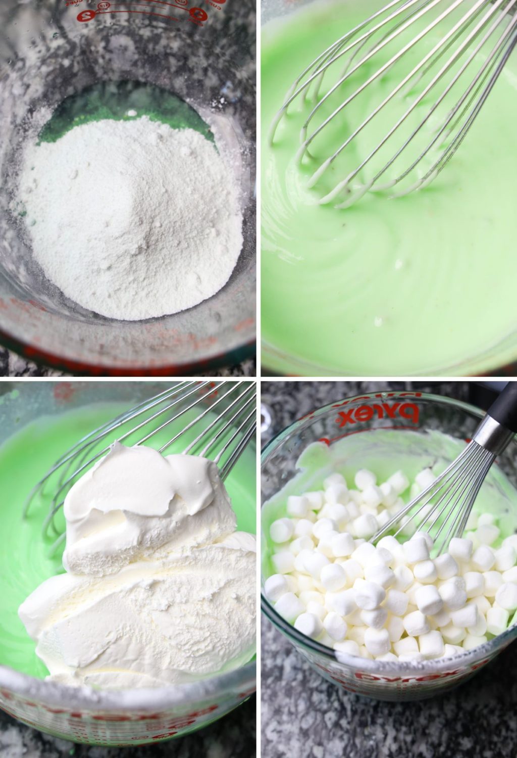 A series of photos showing the process of making marshmallows in a bowl.