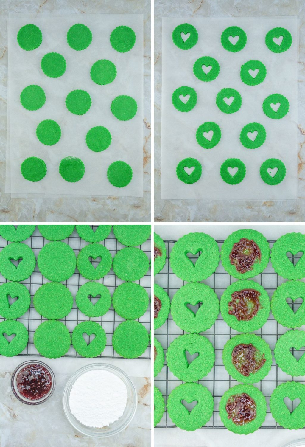 A series of pictures showing how to make green cookies.