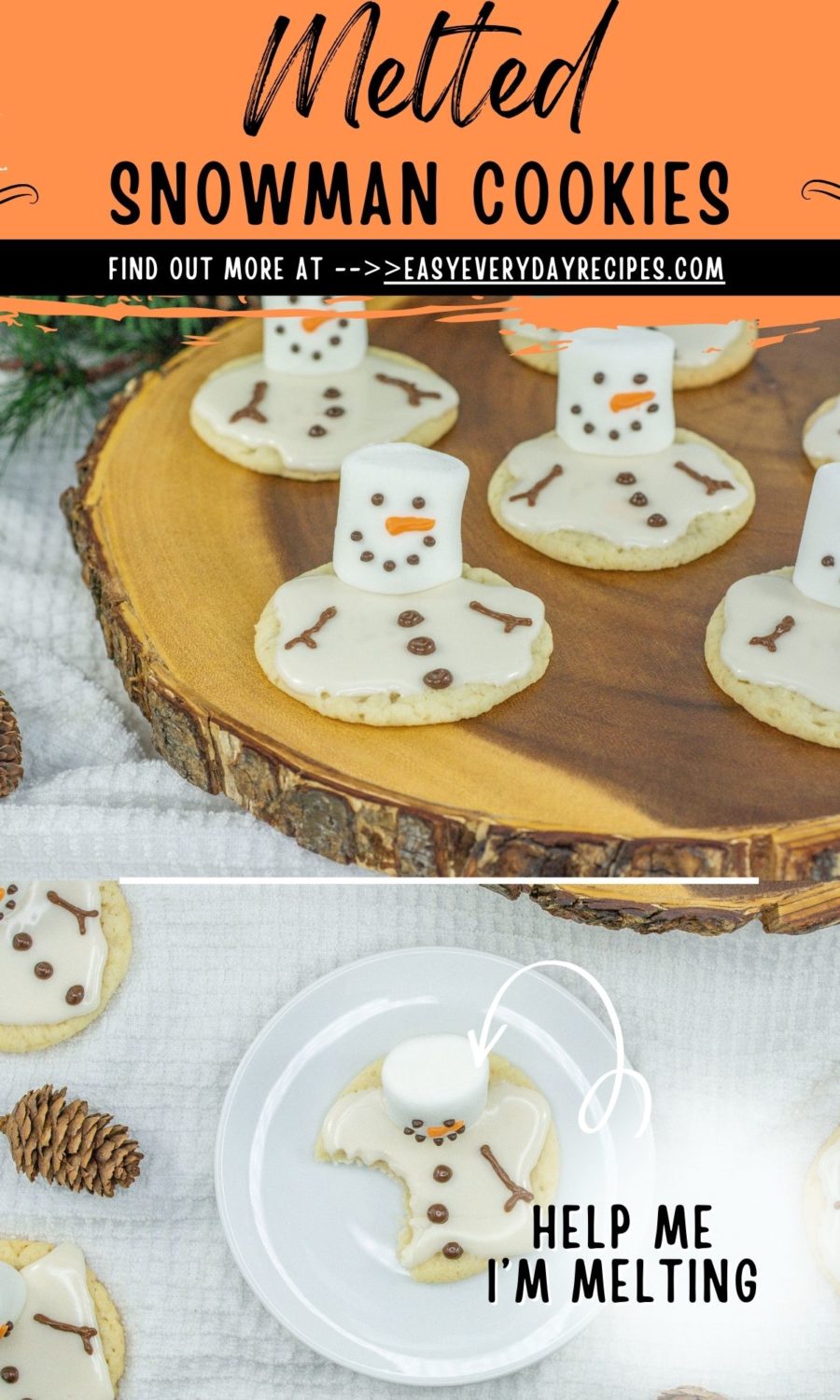 Melted snowman cookies with the text help me melting.