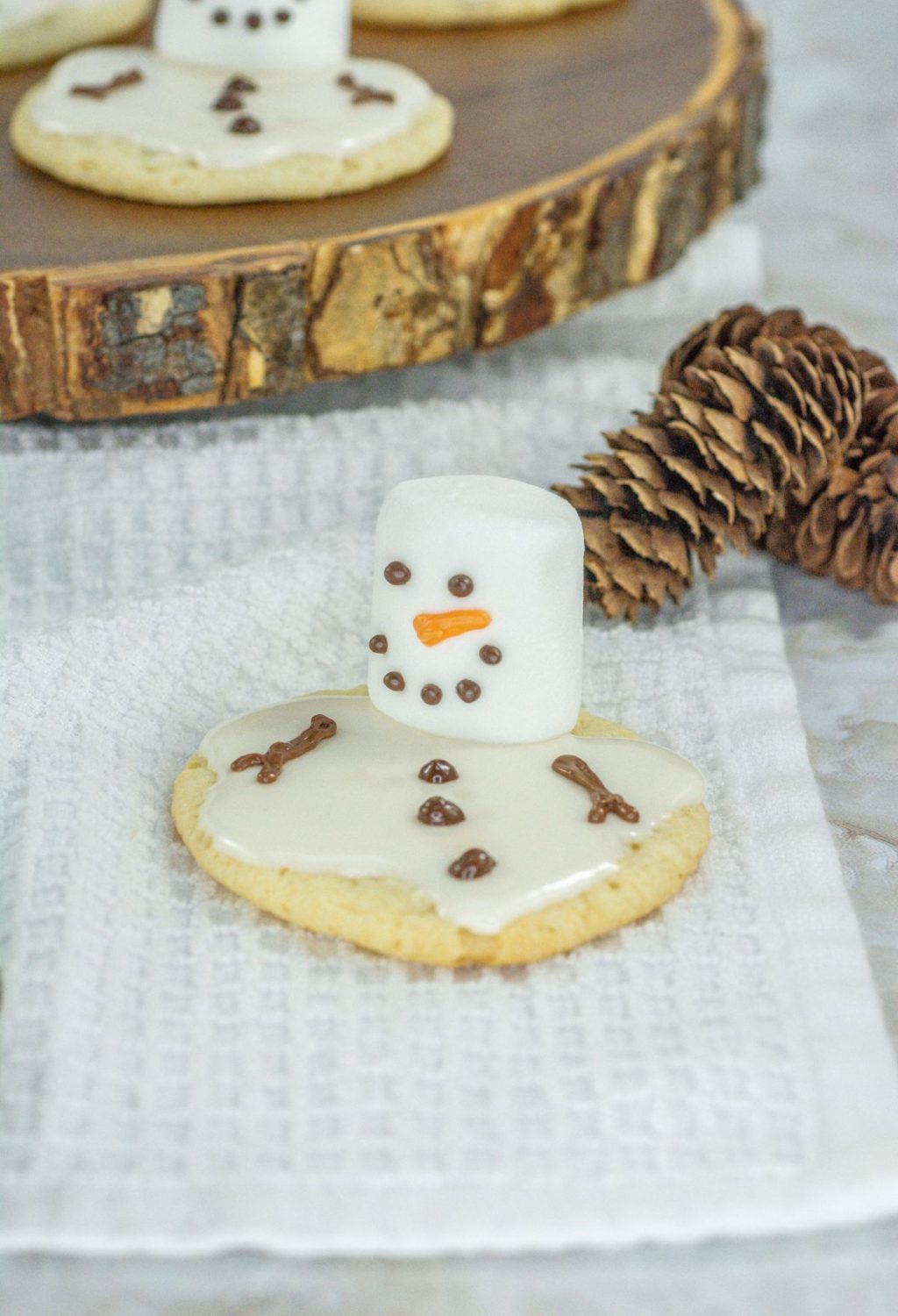 Snowman cookies with icing and pine cones.