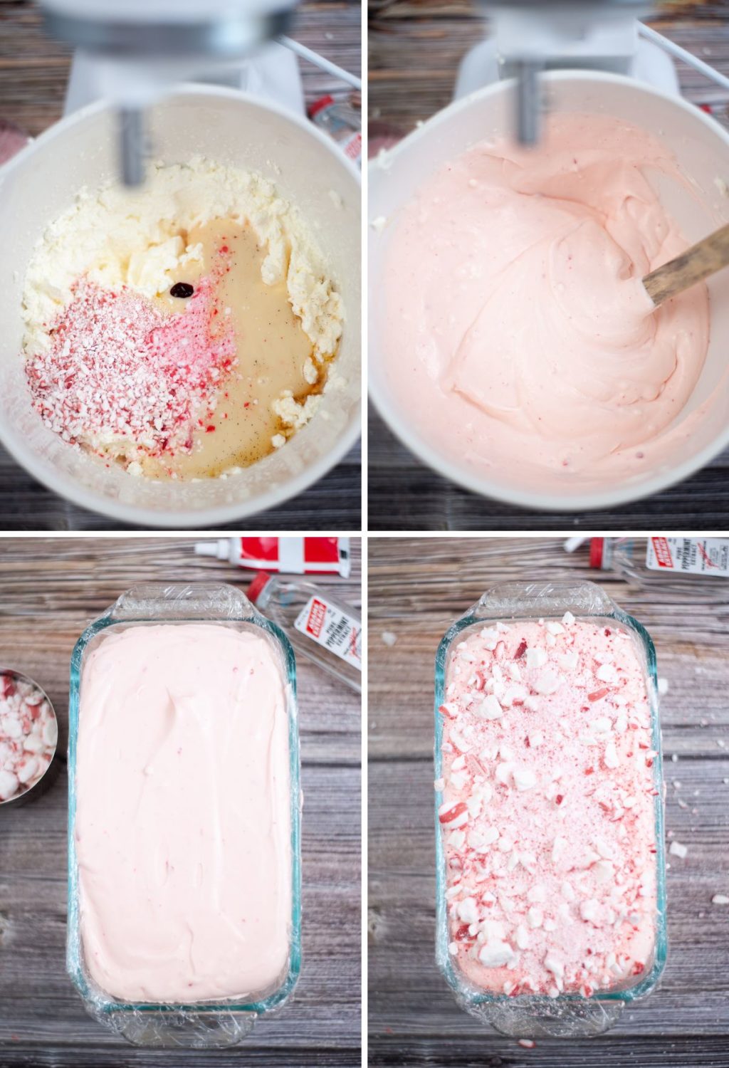 A series of photos showing how to make a candy cane cake.