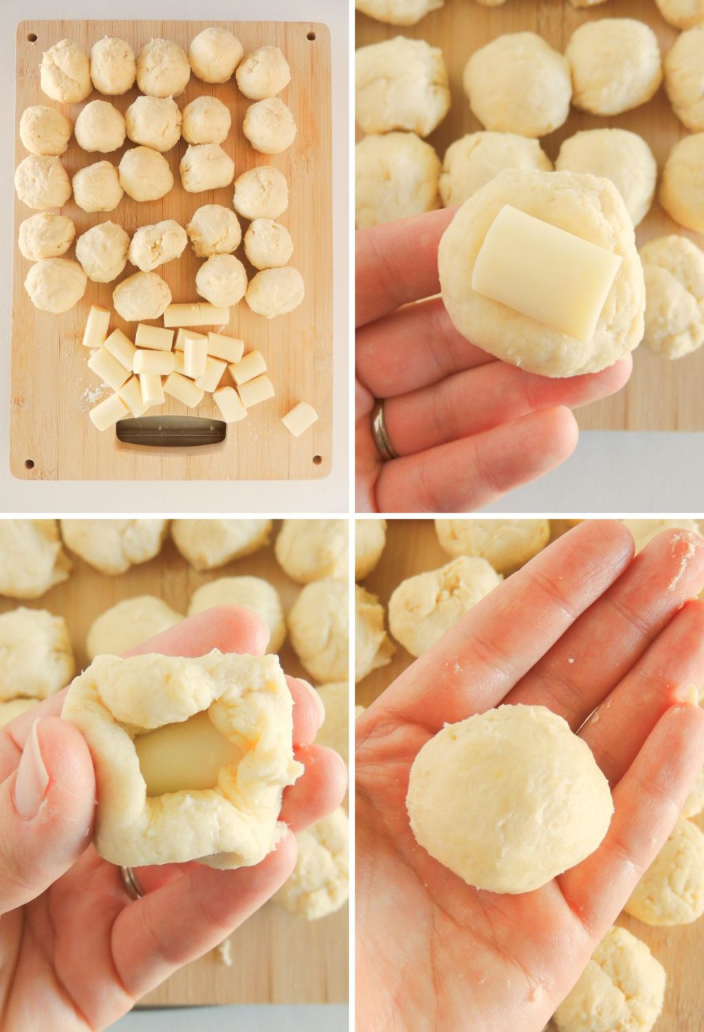 A series of pictures showing how to make cheese puffs.