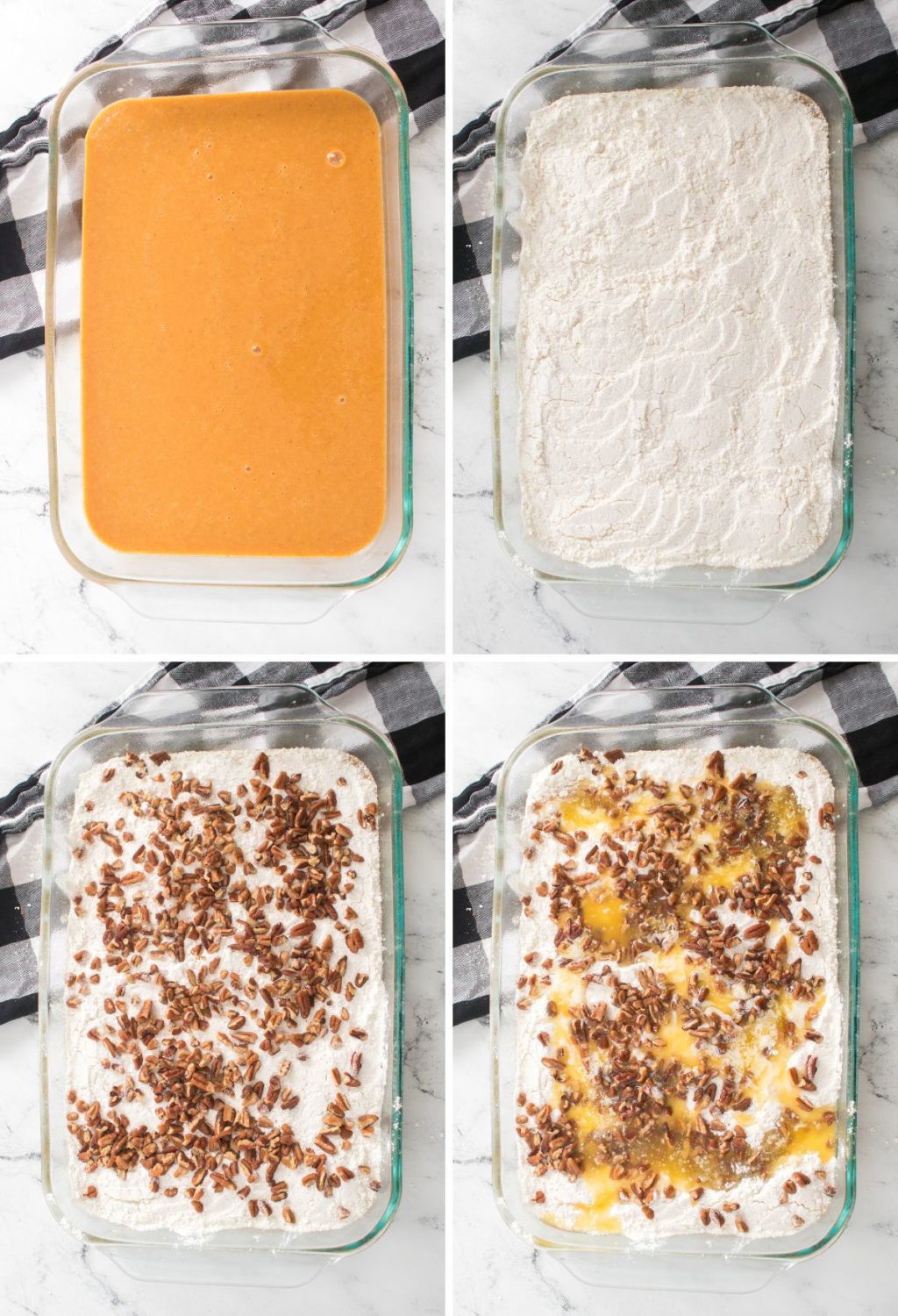 Four pictures showing how to make a pumpkin cheesecake.
