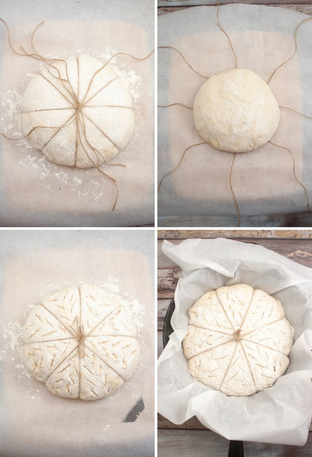 Four pictures showing how to make a loaf of bread.