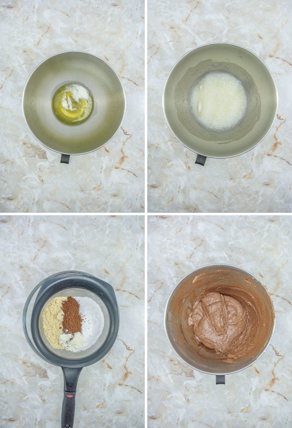 Four pictures showing how to make chocolate mousse.