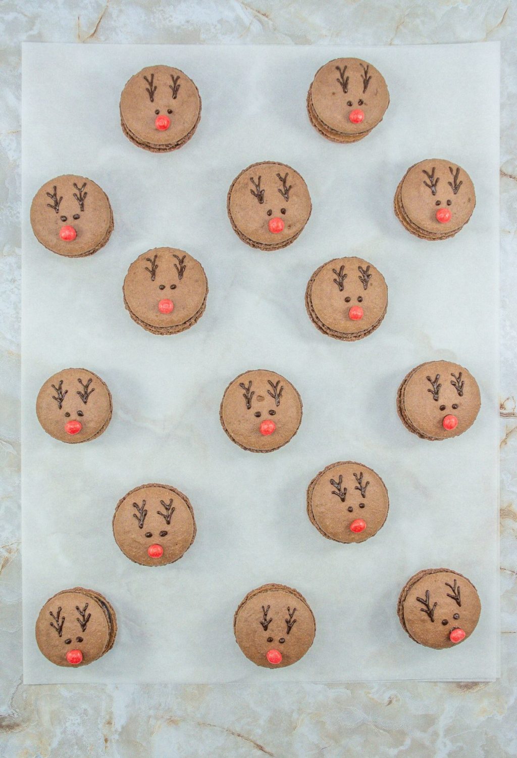 Reindeer cookies on a baking sheet.