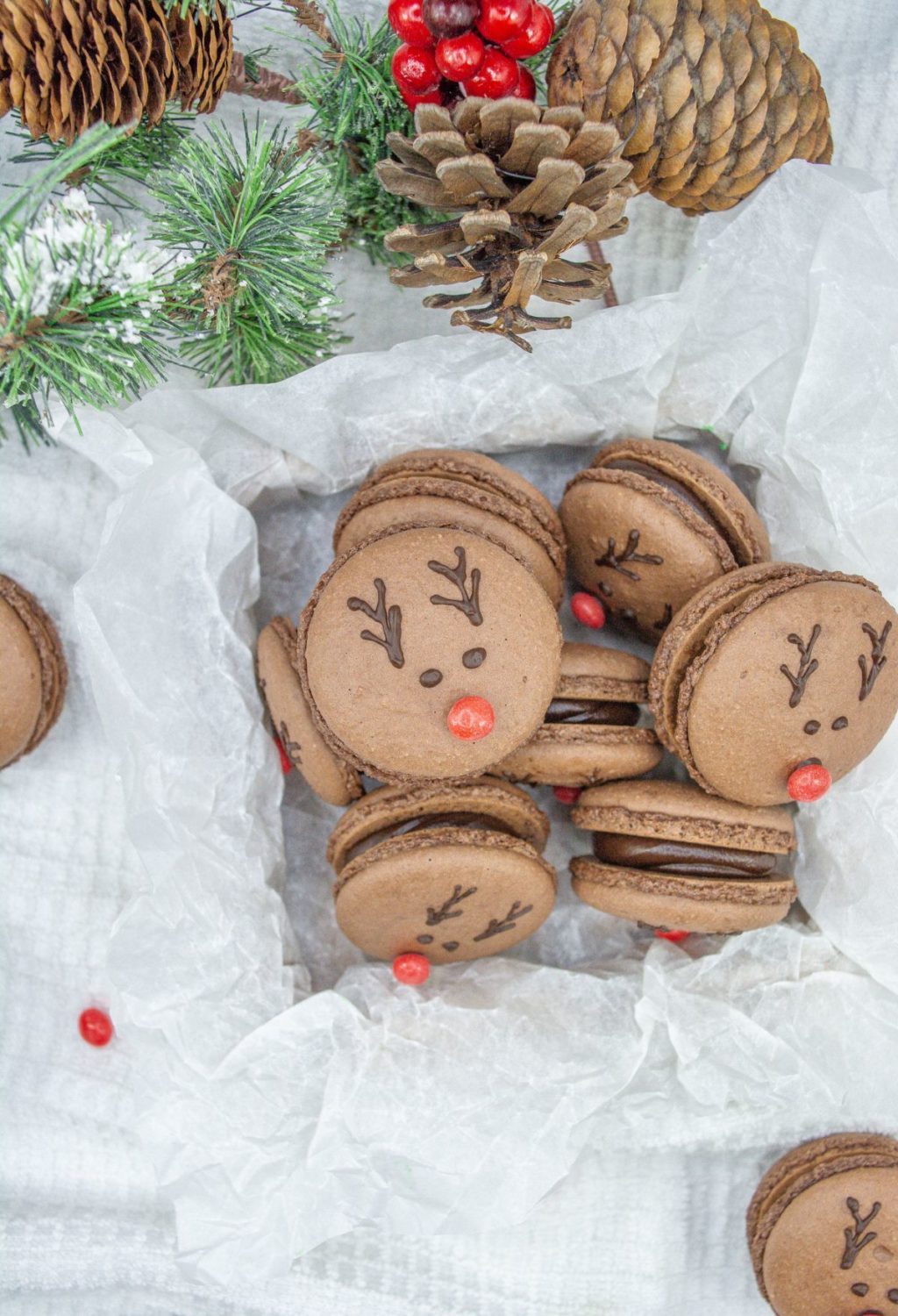 Chocolate reindeer macarons with pine cones and pinecones.