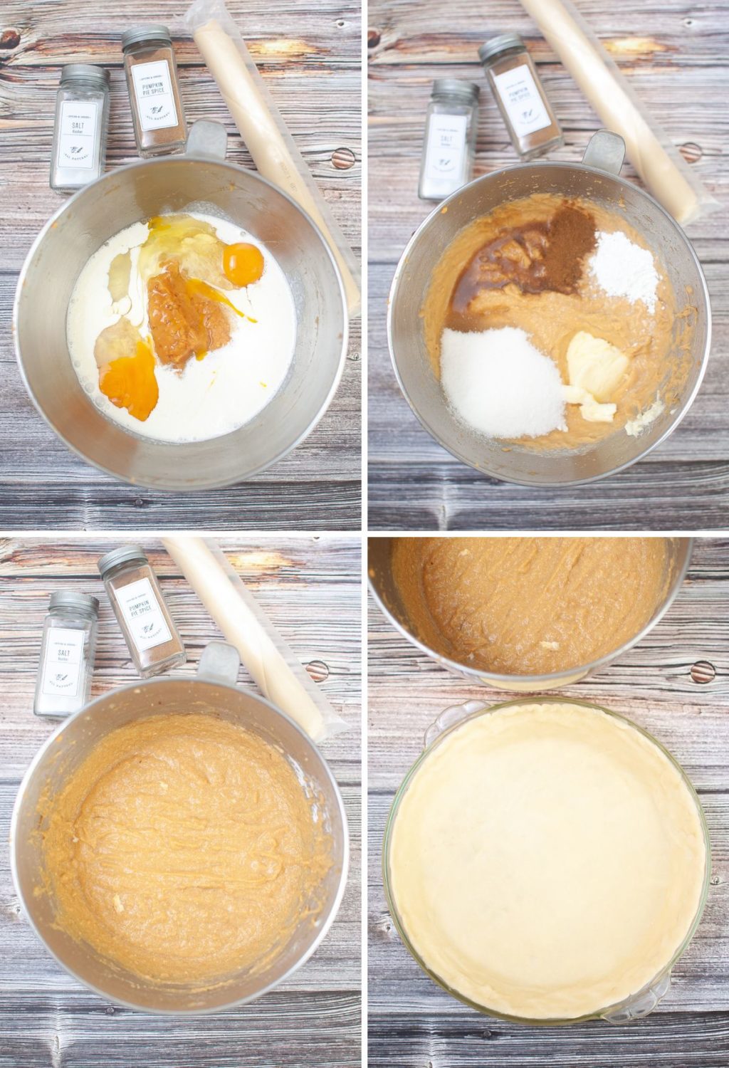 A series of photos showing the process of making a pumpkin pie.