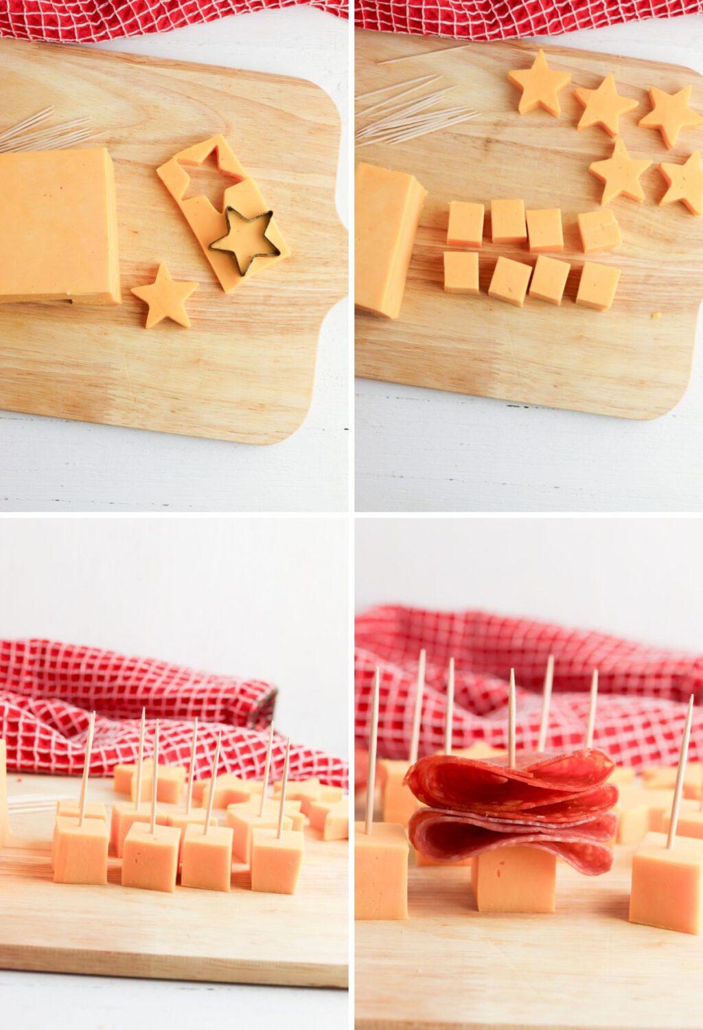 A series of pictures showing how to make cheese sticks.