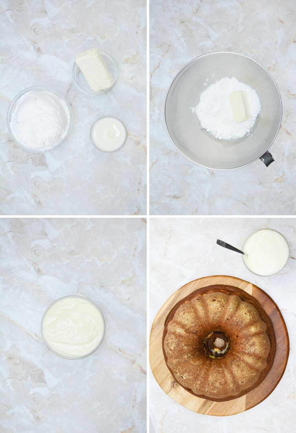 A series of photos showing how to make a bundt cake.