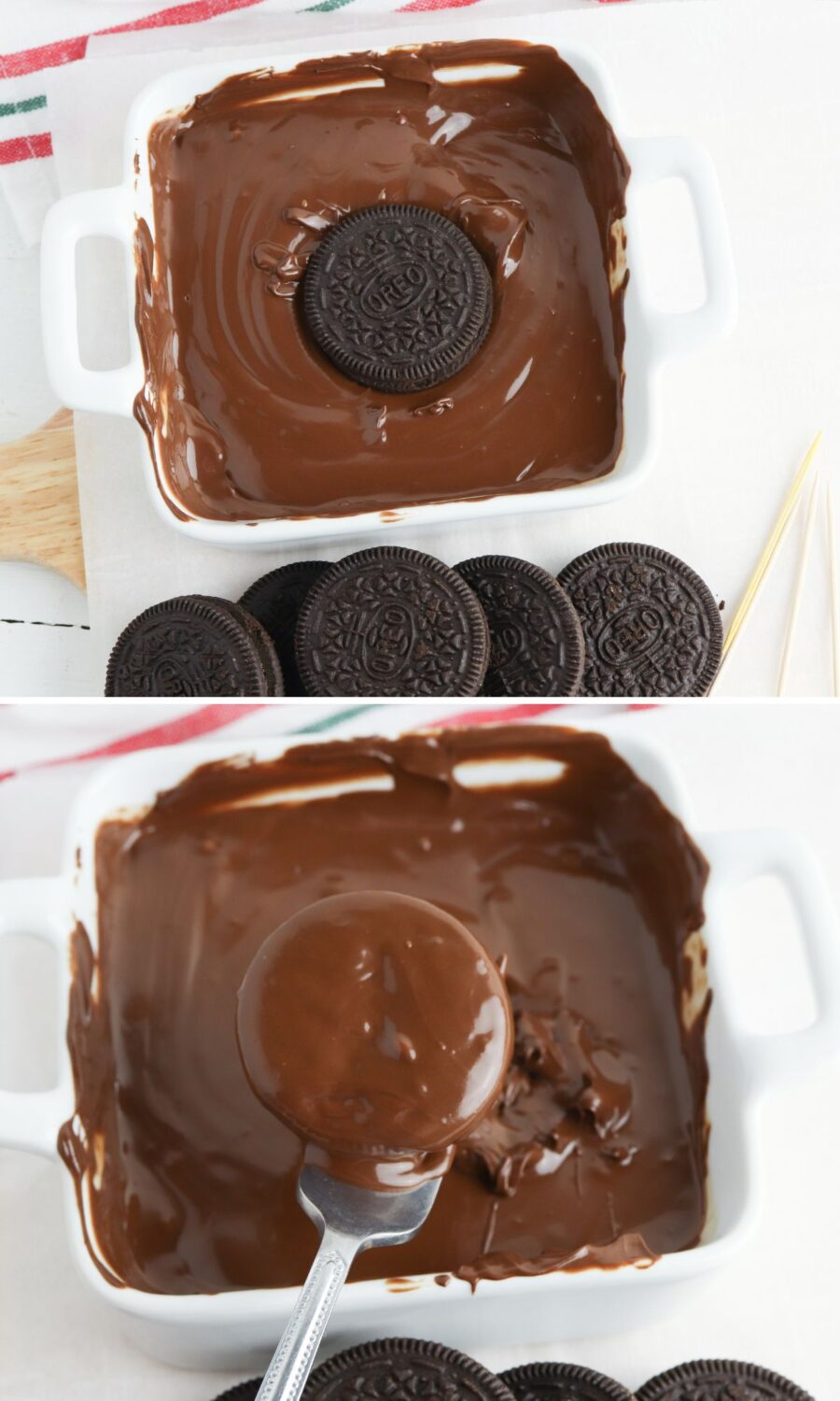 Chocolate covered oreos in a baking dish.