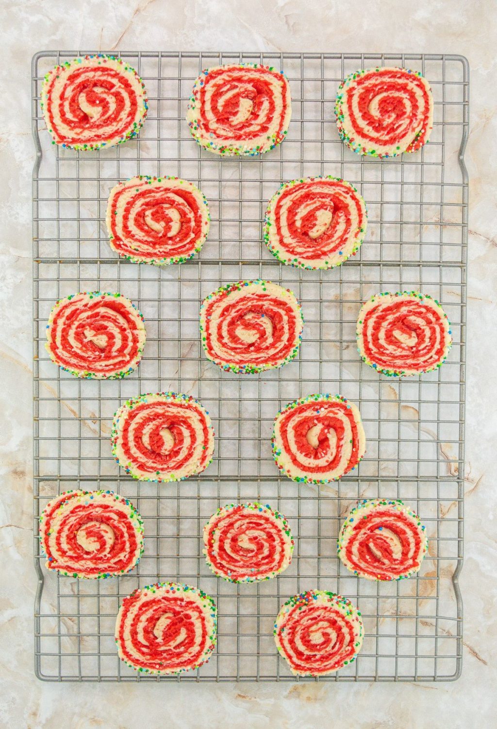 Swirl cookies on a cooling rack.