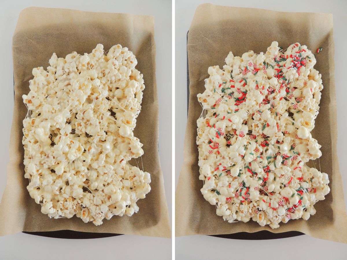 Two pictures of popcorn with sprinkles on it.