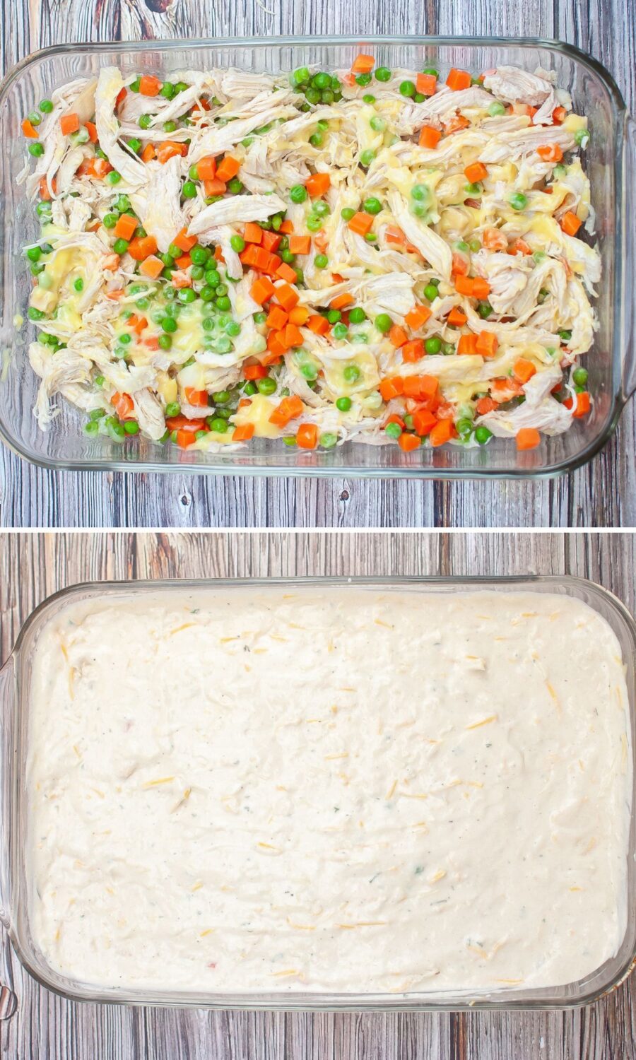 Two pictures of a casserole with chicken and vegetables.