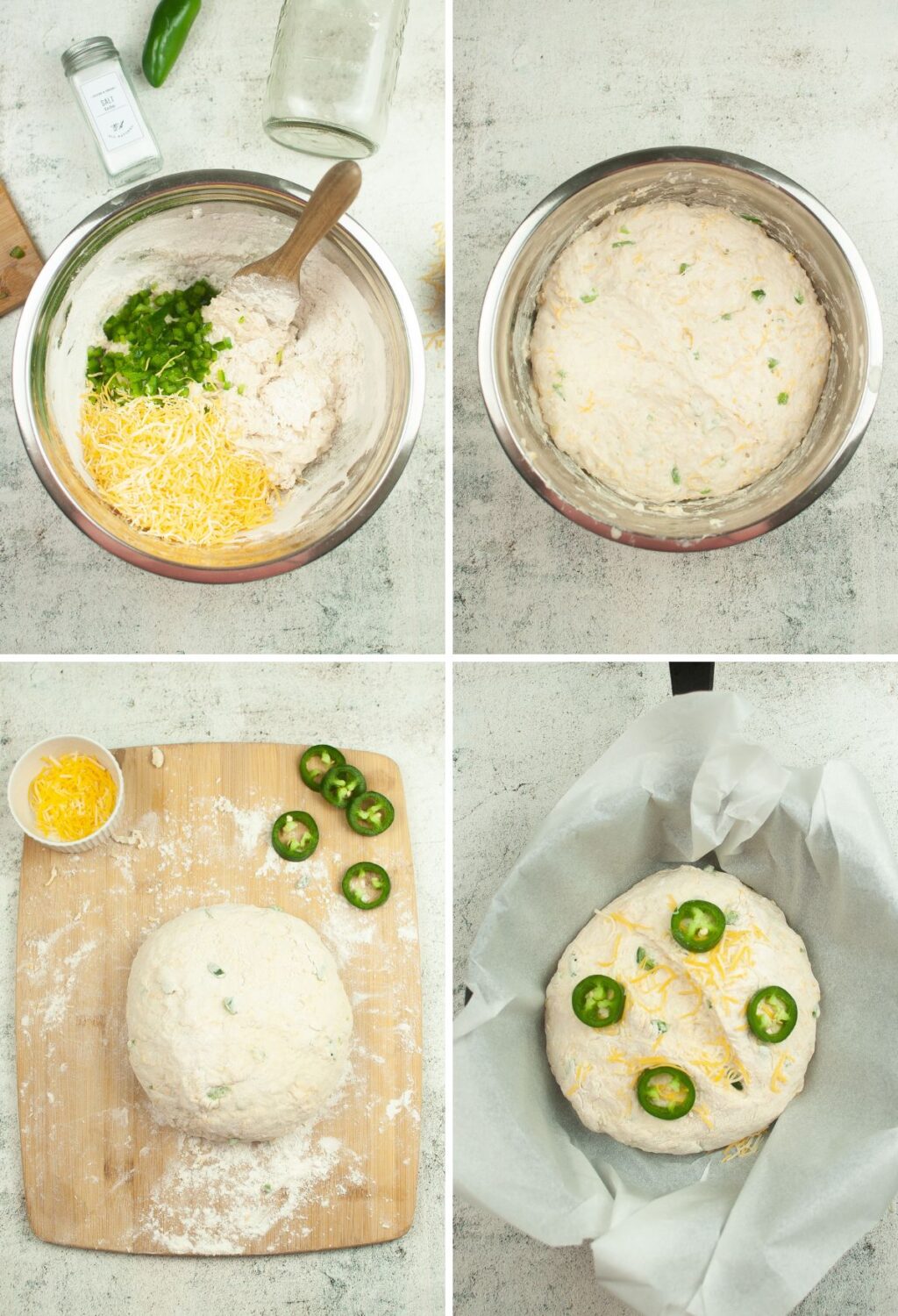 A series of photos showing how to make a pizza with jalapenos and cheese.