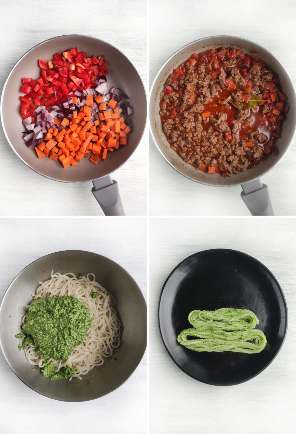 Four pictures showing how to make spaghetti and meatballs.