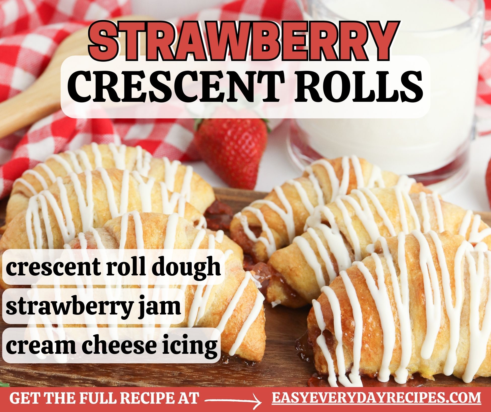 Strawberry crescent rolls with icing on a plate.