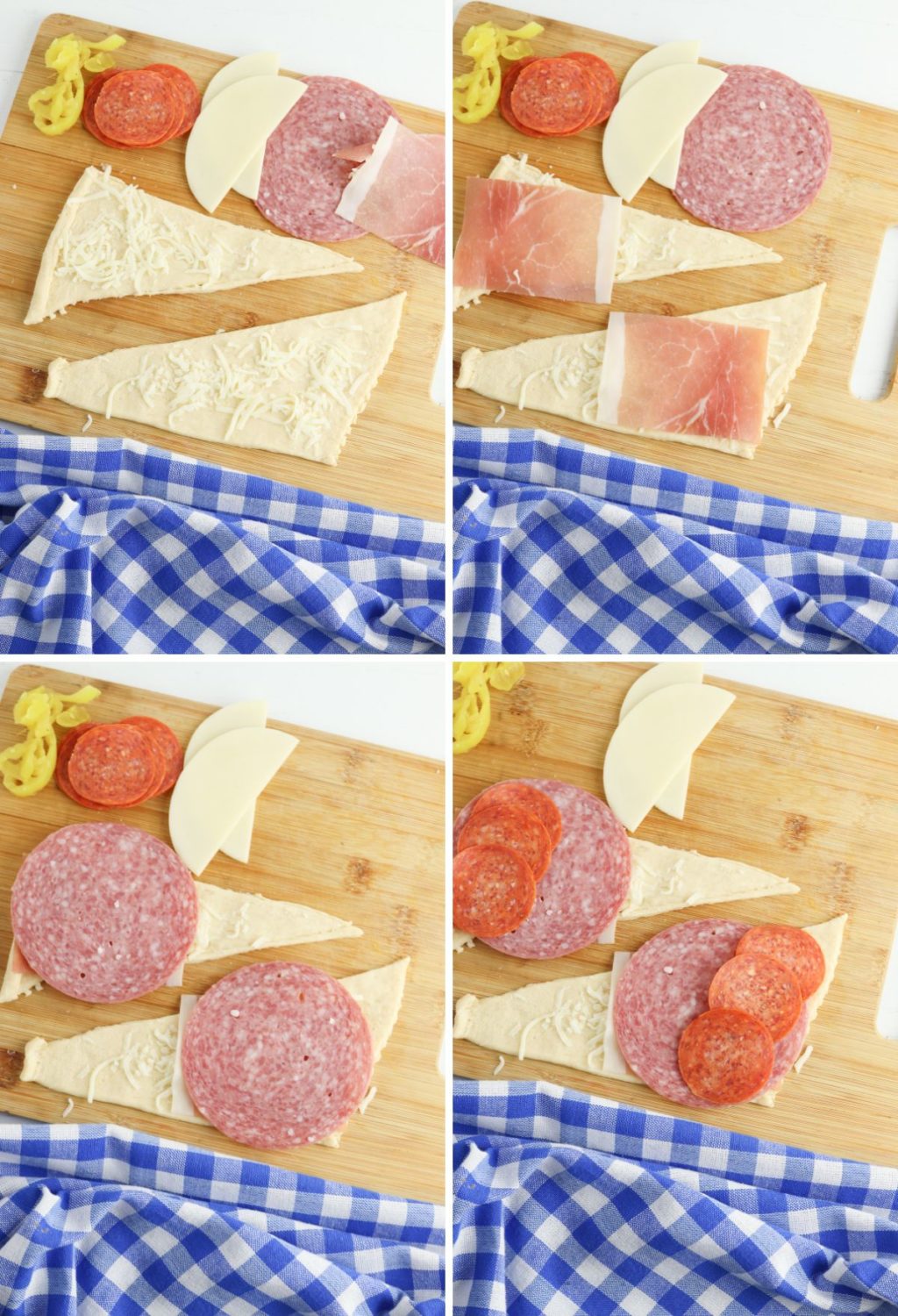 A series of photos showing different cuts of meat and cheese on a cutting board.